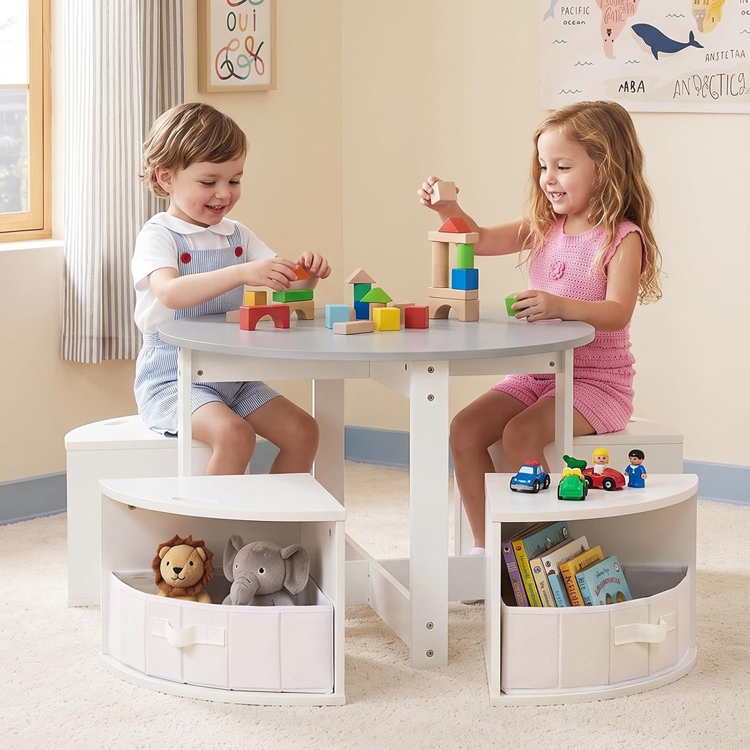 INFANS Toddler Table and Chair Set, Wooden Table and 4 Chairs with Nesting Design, Storage Drawers, Children Multi-Activity Table for Art, Crafts, Draw, Read for Boys Girls Aged 3+