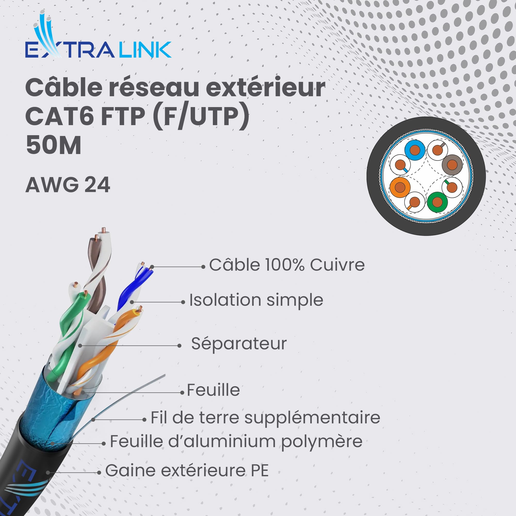 EXTRALINK Câble Ethernet CAT6 50M pour extérieur, câble réseau LAN – 100% cuivre, blindé F/UTP, compatible PoE, résistant aux UV, avec gaine extérieure en PE durable et résistante aux intempéries