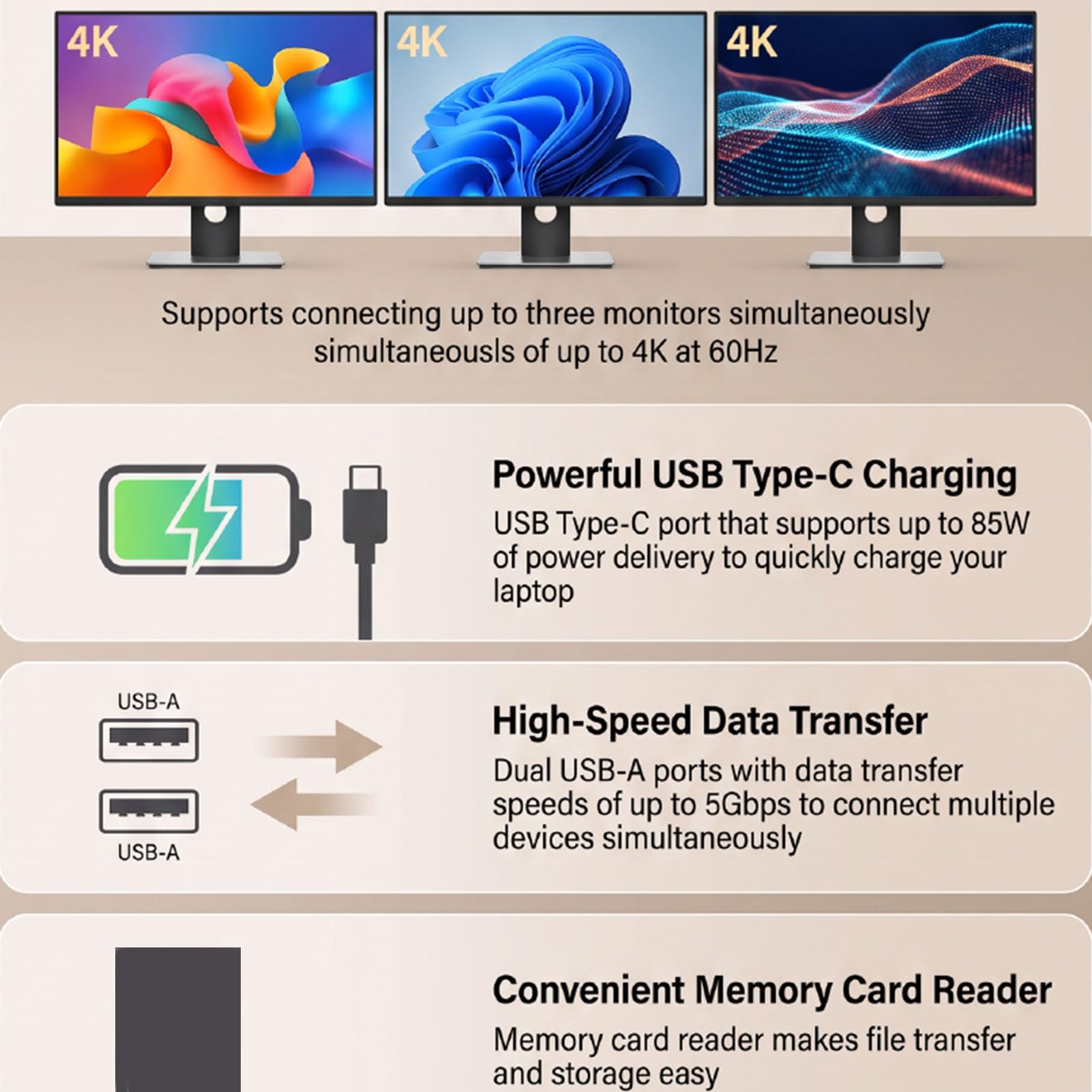 Dpofirs Stacja Dokująca USB C z 3 Wyjściami Wideo, Uniwersalna Stacja