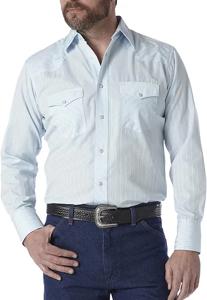 WranglermensSport Western Two Pocket Long Sleeve Snap Shirt Blue