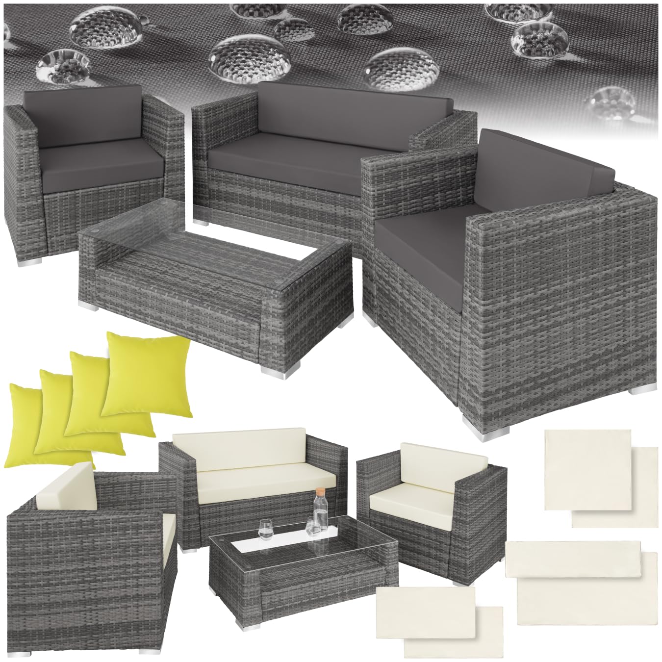 tectake® Set di Mobili da Esterno in Rattan e Alluminio, 1 Divano, 2 Poltrone, 1 Tavolino Salotto con Lastra in Vetro, Set di Rivestimenti per Cuscini, 4 Cuscini Extra Inclusi - Grigio