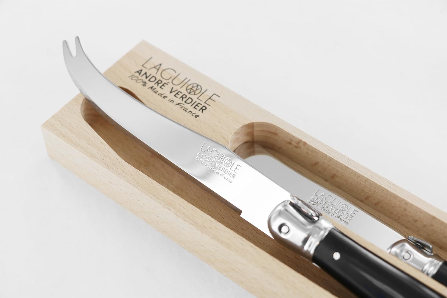 Laguiole Soft and Hard Cheese Knife Set of 2 Black in Wooden Tray