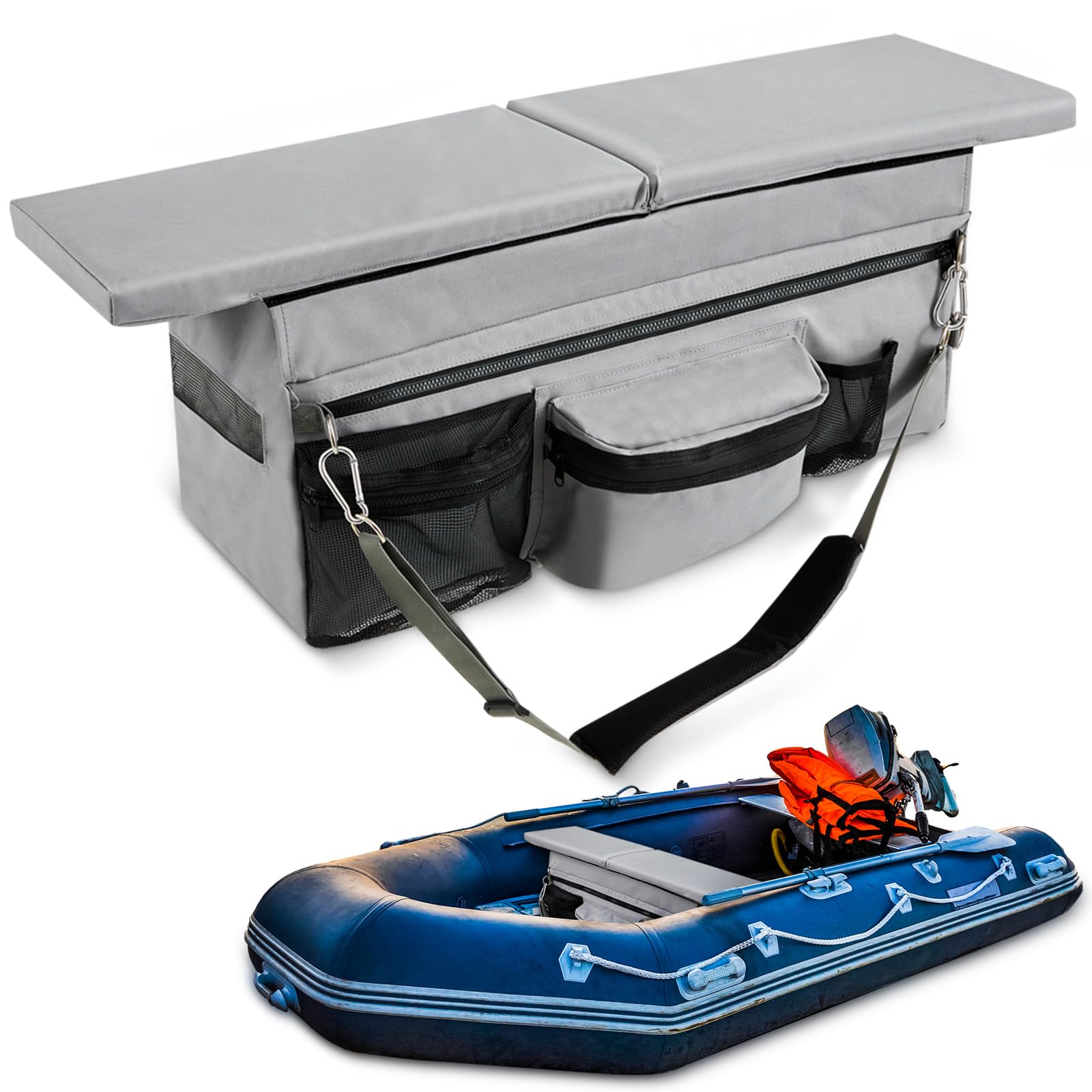 Photo 1 of Dansydaisy Dinghy Inflatable Boat Seat Cushion and Underseat Bag with Pockets Thick Sponge Seat Bench Cushion for Inflatable Boat Seating Water Resistant Outdoor(35 x 14 Inch,Grey)