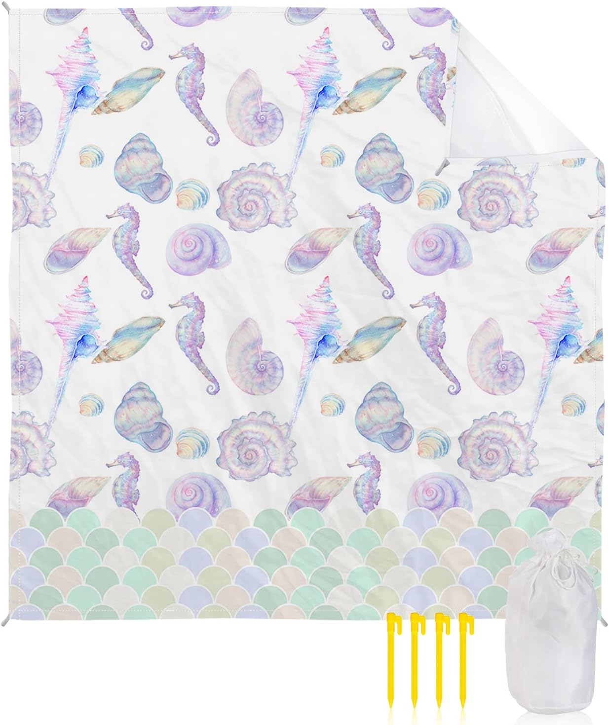 Watercolor Colorful Ocean Seahorse Conch Beach Blanket Waterproof Sandproof Outdoor Picnic Mat 108"x84" Fish Scales Texture Lightweight Large Beaach Blankets with 4 Stake & 4 Corner Pockets