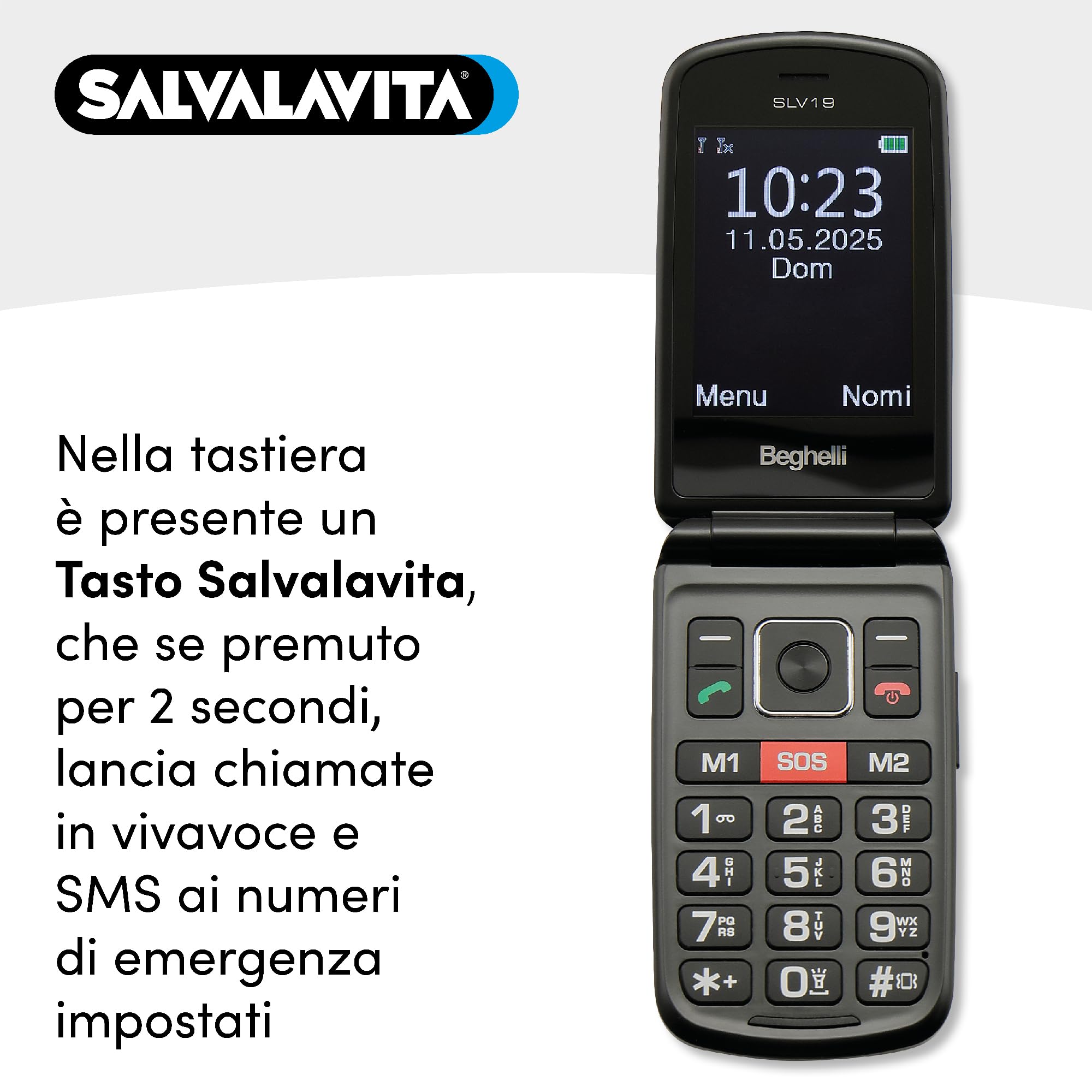 Beghelli Telefono Salvavita per Anziani, Salvalavita Phone SLV19N ECO - Telefono Cellulare GSM con Tasto SOS, Tasti Grandi Retroilluminati, Display 2.8”, Fotocamera, Torcia, Radio FM (Colore Nero)