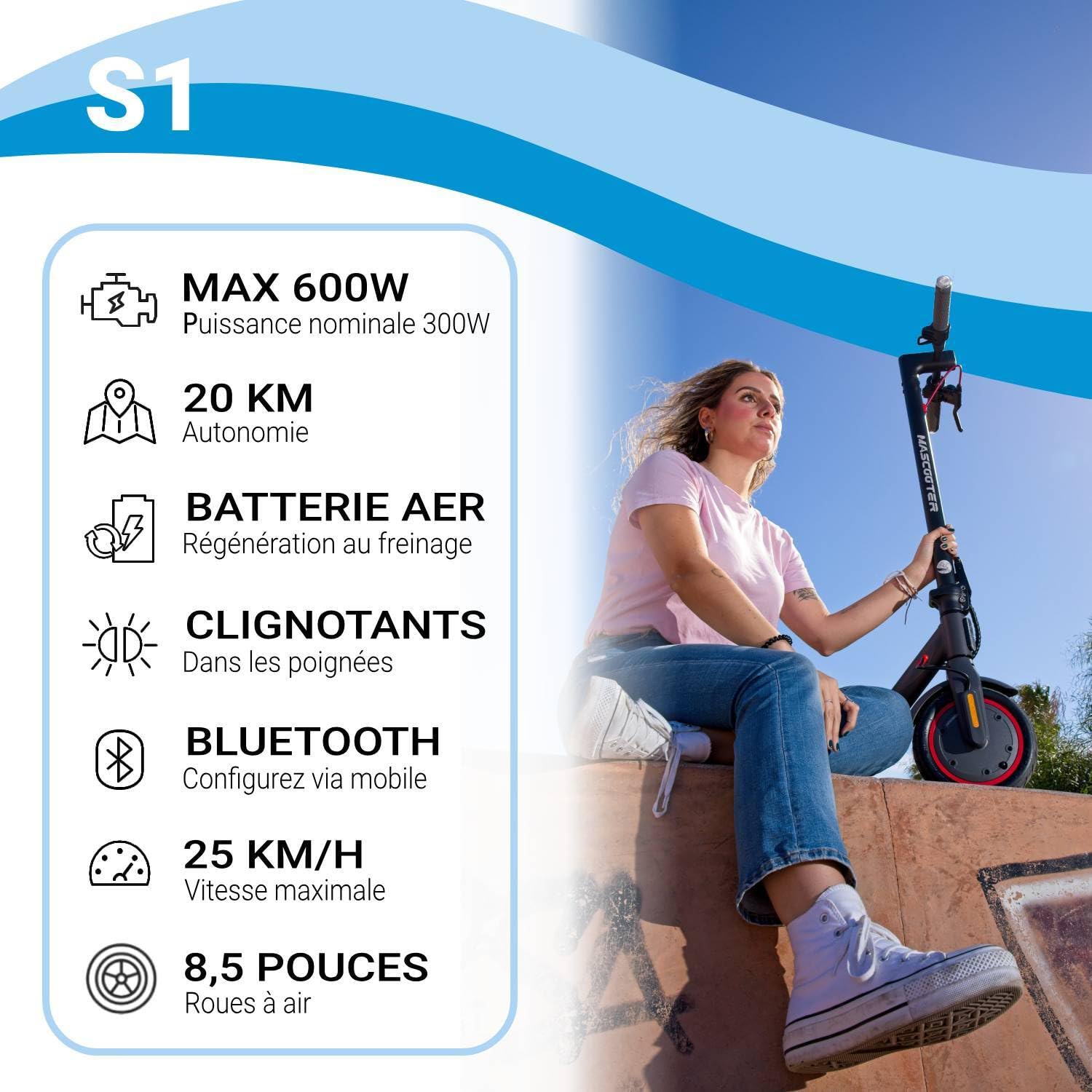 MASCOOTER Trottinette Èlectrique Adulte - 300W-600W Max, Autonomie 20km - Clignotants et Régénération de Batterie au Freinage – Roues 8.5", Double Freins Électriques et à Disque - App Mobile