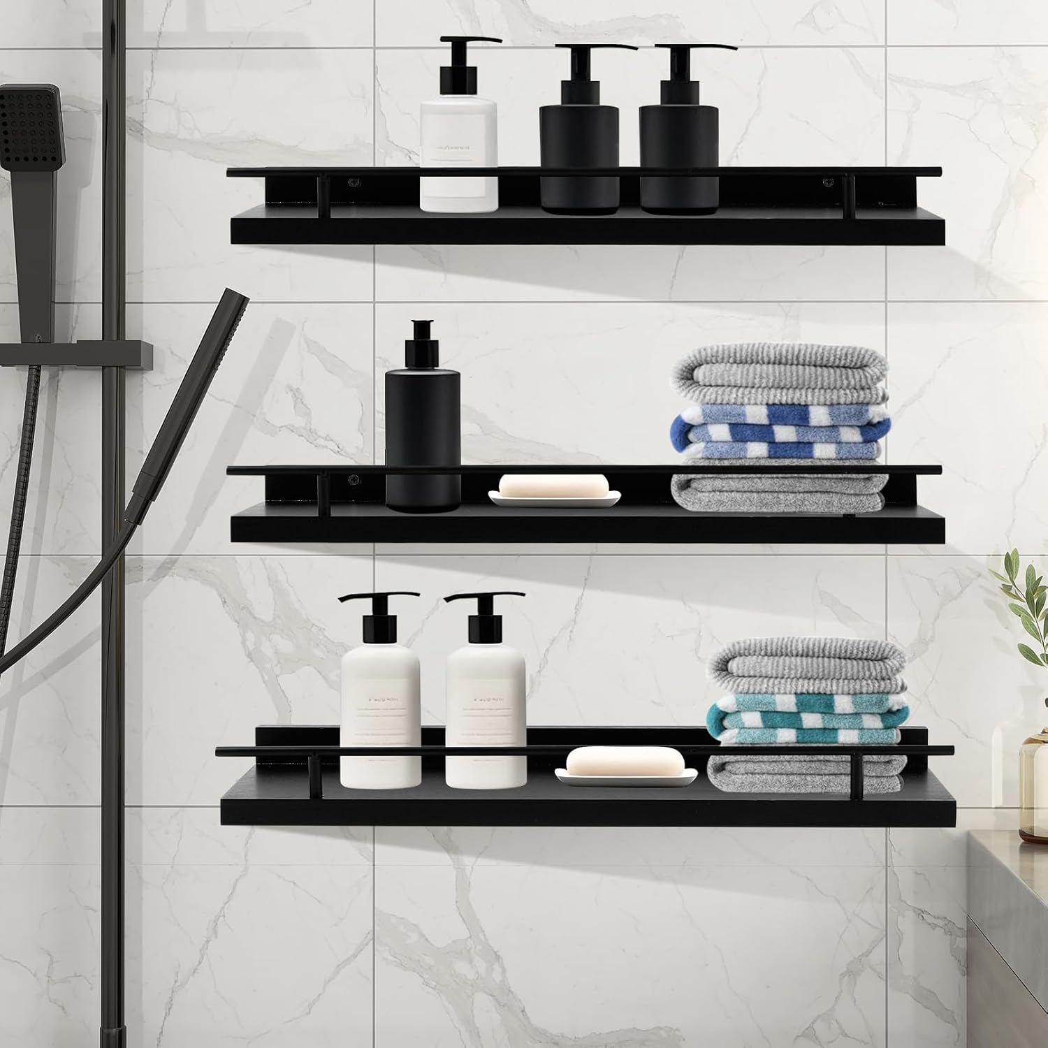 Floating Shelves Wall Mounted Set of 3, Black Wood Storage Shelf, Bathroom Wall Shelves Over Toilet, Floating Shelf for Bathroom Living Room Bedroom Kitchen Office