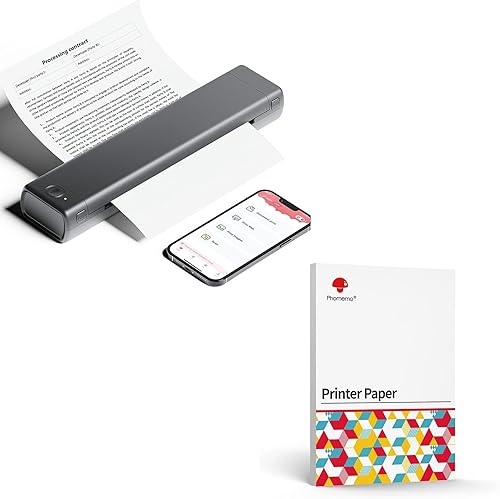 Phomemo M08F - Impresora portátil + papel térmico A4, 200 piezas, impresora Bluetooth inalámbrica para el hogar, negocios, M08F-A4, impresora