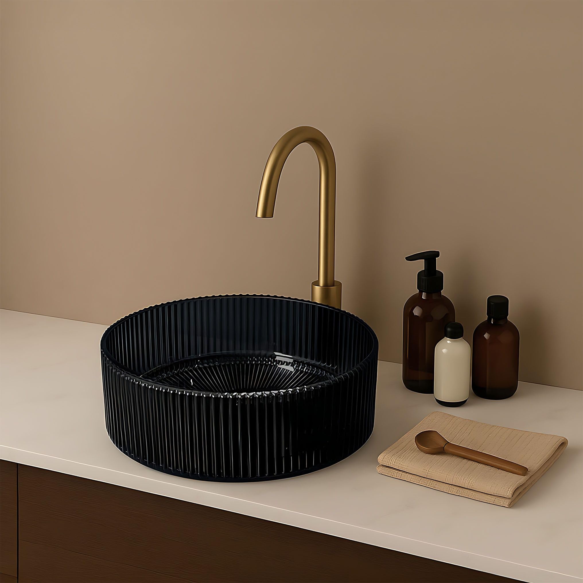 Rea Umywalka Nablatowa Szklana Okrągła Ingrid 36 Black Czarna Ryflowana 36cm