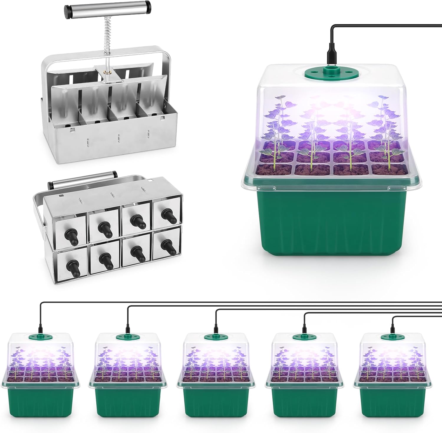 BlumWay 5 Pack 60 Cell Self-Watering Seed Starter Tray & 2 Inch 8 Cell Upgraded Soil Blocker