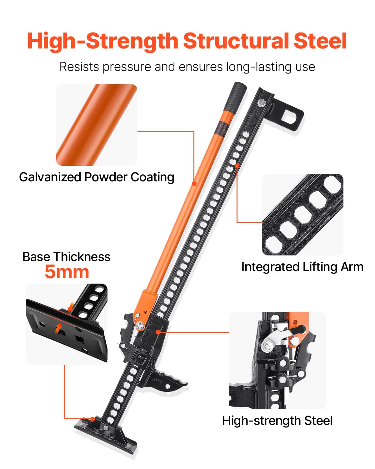 VEVOR Gato Agrícola 107,5 cm con Elevación Alta y Trinquete Carga Máxima de 3,18 T para Uso Todoterreno de Alta Resistencia con Rango de Elevación de 130,1 a 929,6 mm para Tractor, Camión, SUV