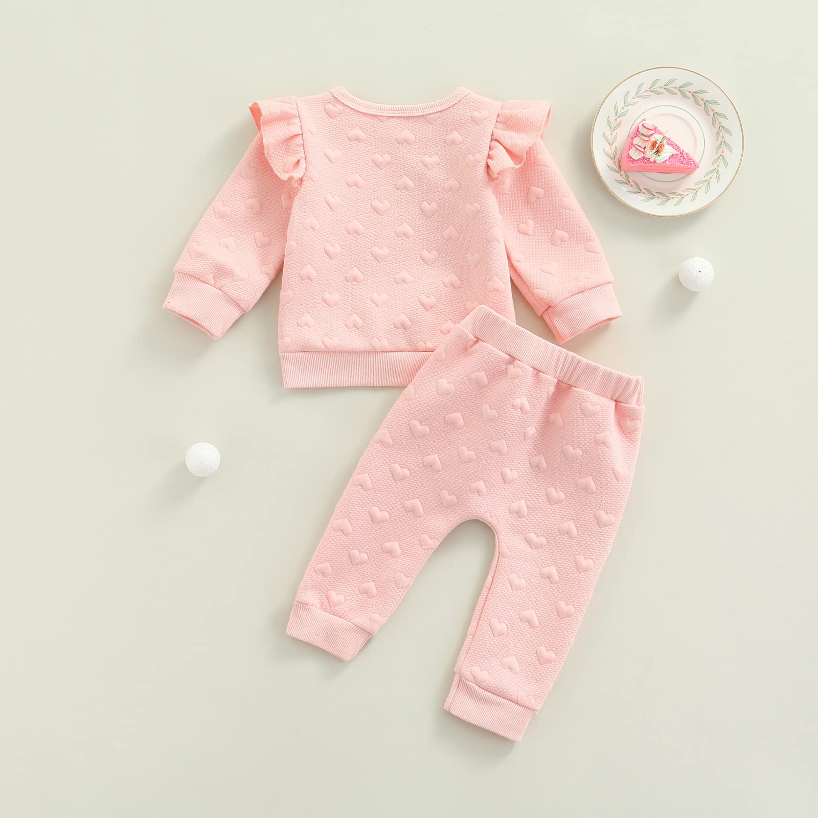 Ynibbim Valentine's Day Newborn Infant Baby Girl Clothes Set Ruffle Long Sleeve Sweatshirts Top Pants Love Heart-Shape Printed Outfit (Pink, 18-24 Months)