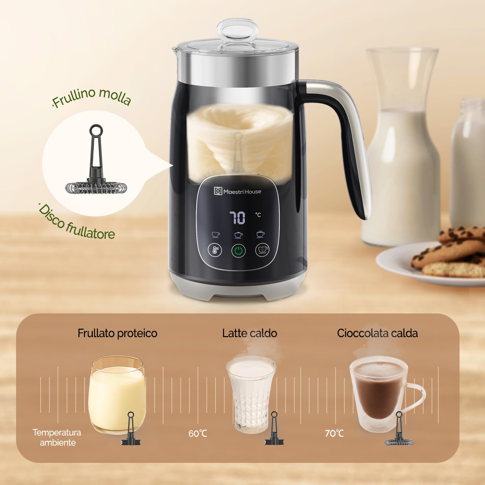Maestri House Montalatte Elettrico 4-in-1 14,1OZ/400ML Montalatte Controllo Smart-Touch Creatore di Schiuma, Funzione di Memoria per Latte, Cappuccino, Latte Caldo, Cioccolata Calda, DualFro 400