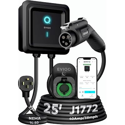 EVIQO Level 2 EV Charger, 40 Amp 240V, J1772 for Non-Tesla EVs, 25ft Cable, WiFi (2.4GHz) Smart App, Weatherproof Indoor/Outdoor (IP66, NEMA 4), UL & ETL Certified, NEMA 14-50 Plug-in, 9.6kW