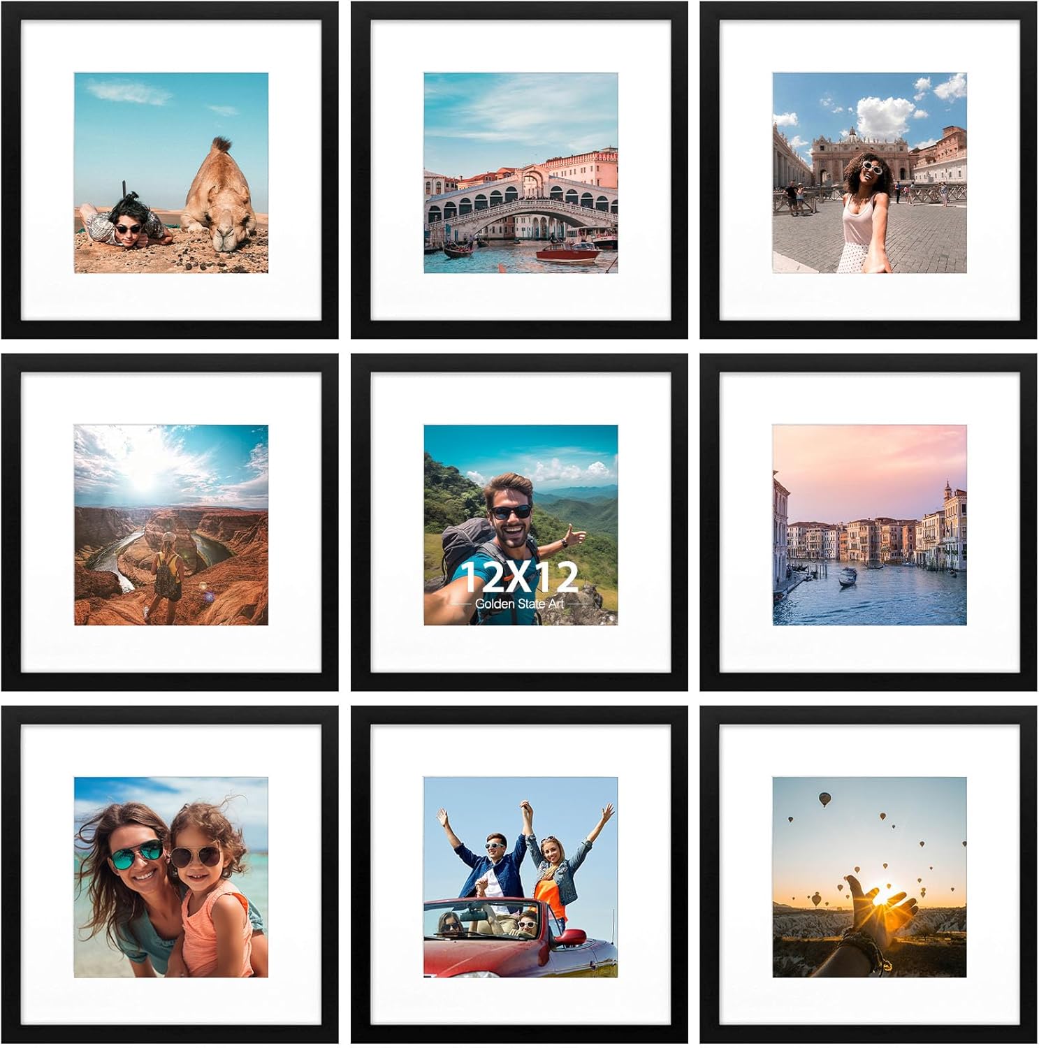 Golden State Art, 12x12 Picture Frame Black - Solid Wood Picture Frames with Real Glass - Display Photos 8x8 with Mat or 12x12 Without Mat - Wall Mounting, 9 Pack