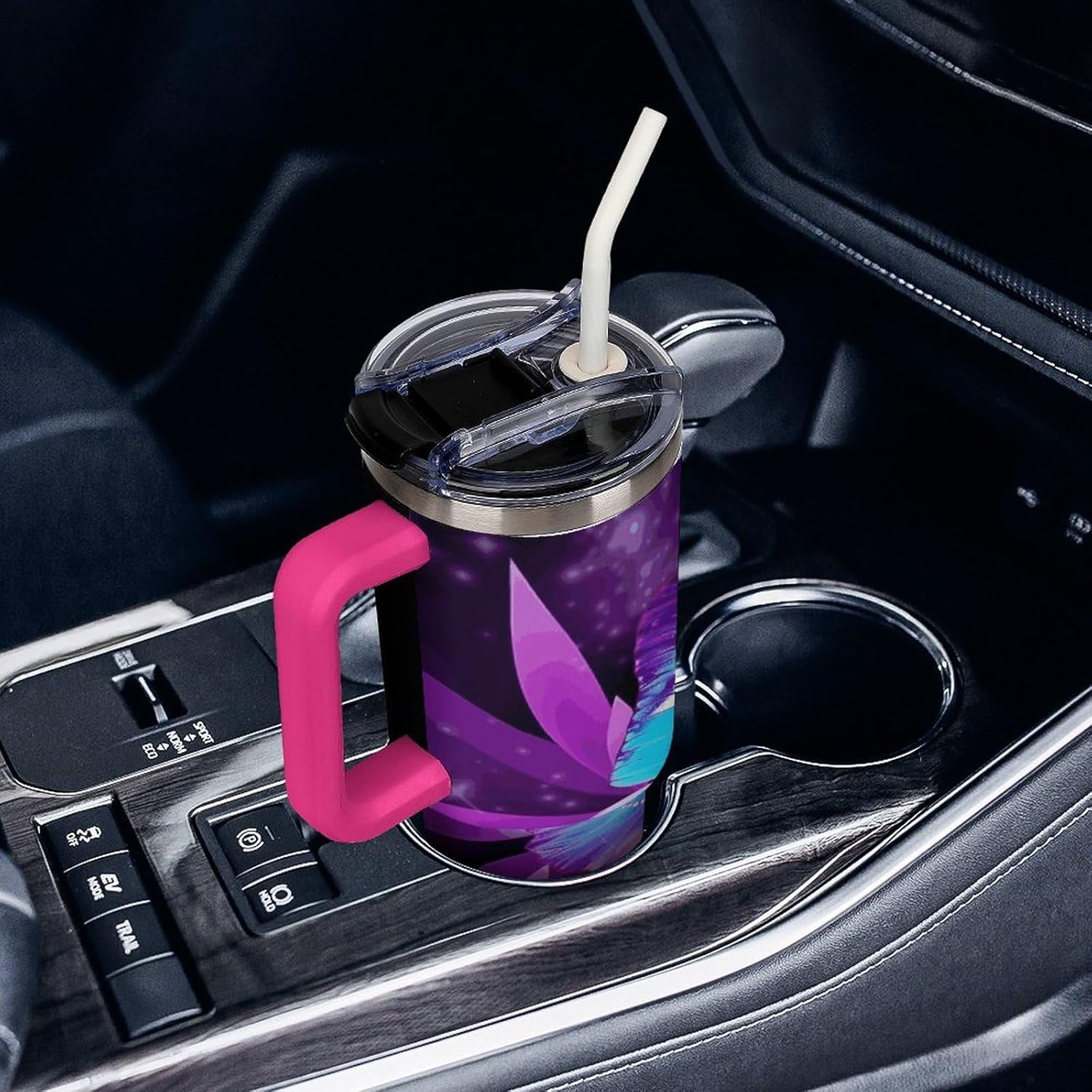 40 Oz Insulated Mug with Handle, Stainless Steel Blue Purple Butterfly Printed Travel Mug Portable Leak-proof Large Car Mug for Home, Office Or Car