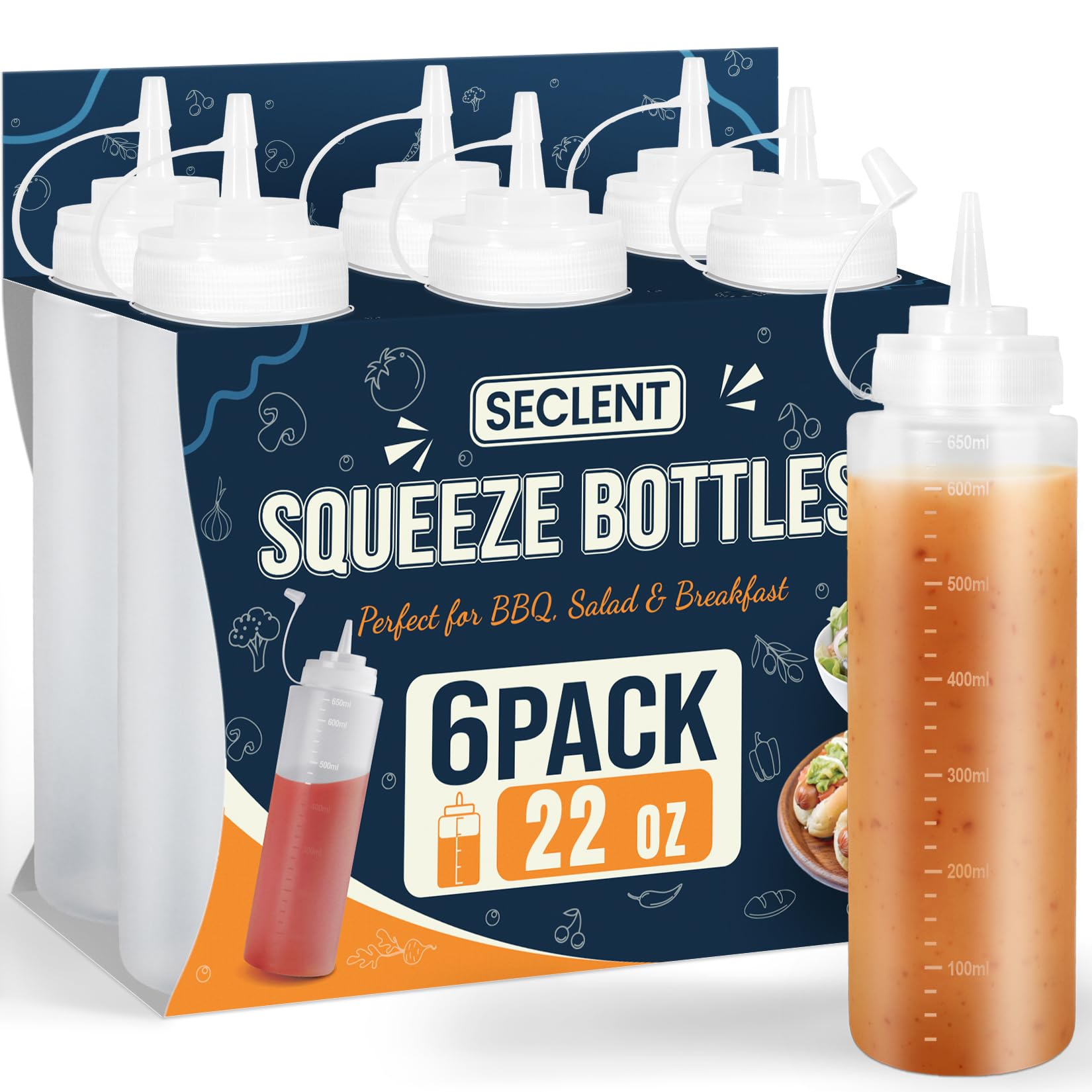 22 oz Large Squeeze Bottle, Plastic Bottles with Cap, Dressing Bottle