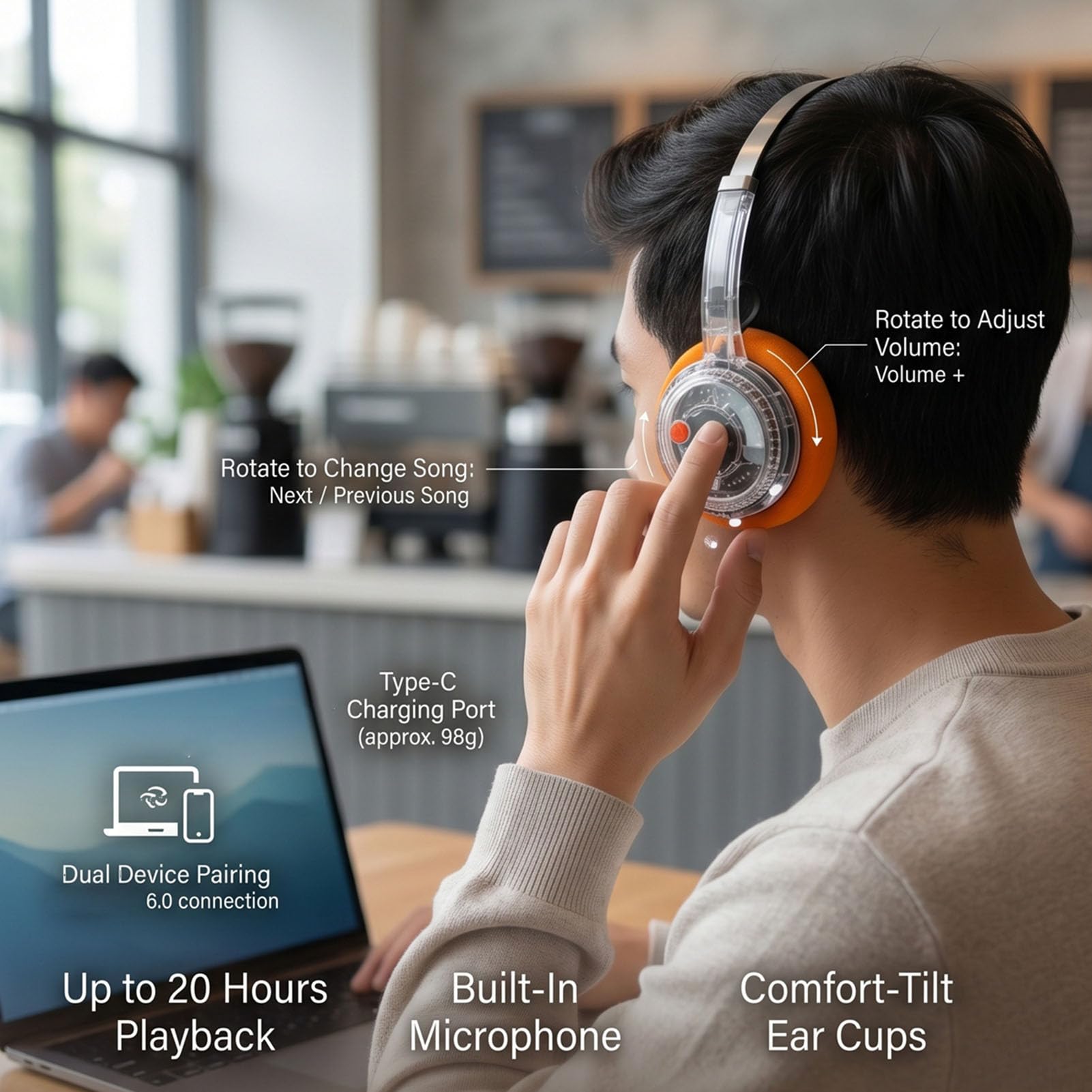 Cuffie Wireless retrò, Cuffie Bluetooth 6.0 Sopra l'orecchio con Microfono, Supporto Connessione Doppio Dispositivo, Archetto Regolabile, Padiglioni Girevoli