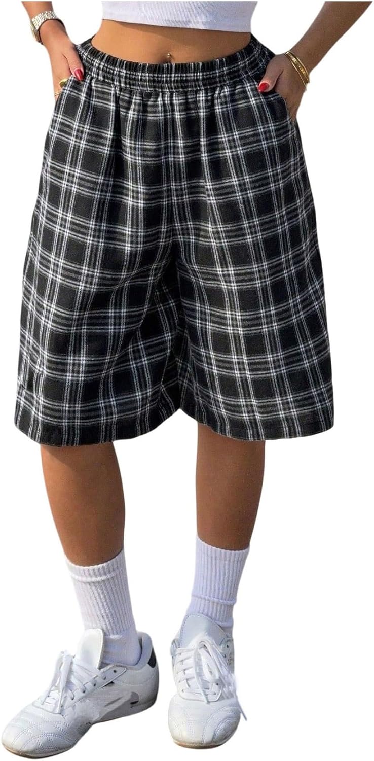 WDIRARA Women's Plaid Bermuda Shorts Wide Leg Shorts Y2k Vintage Streetwear