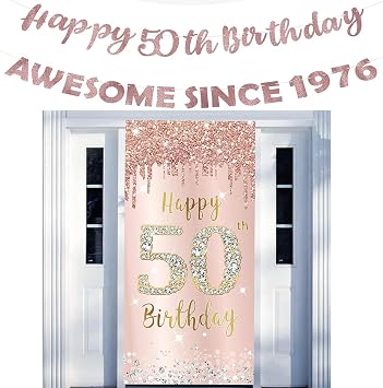 Eucutur Pink Rose Gold Sweet 50 Party Decorations for Girls, Pre-Strung Glitter Awesome Since 1976 50th Birthday Door Banner Backdrop, Happy Sweet 50 Hanging Sign Photo Props Decor