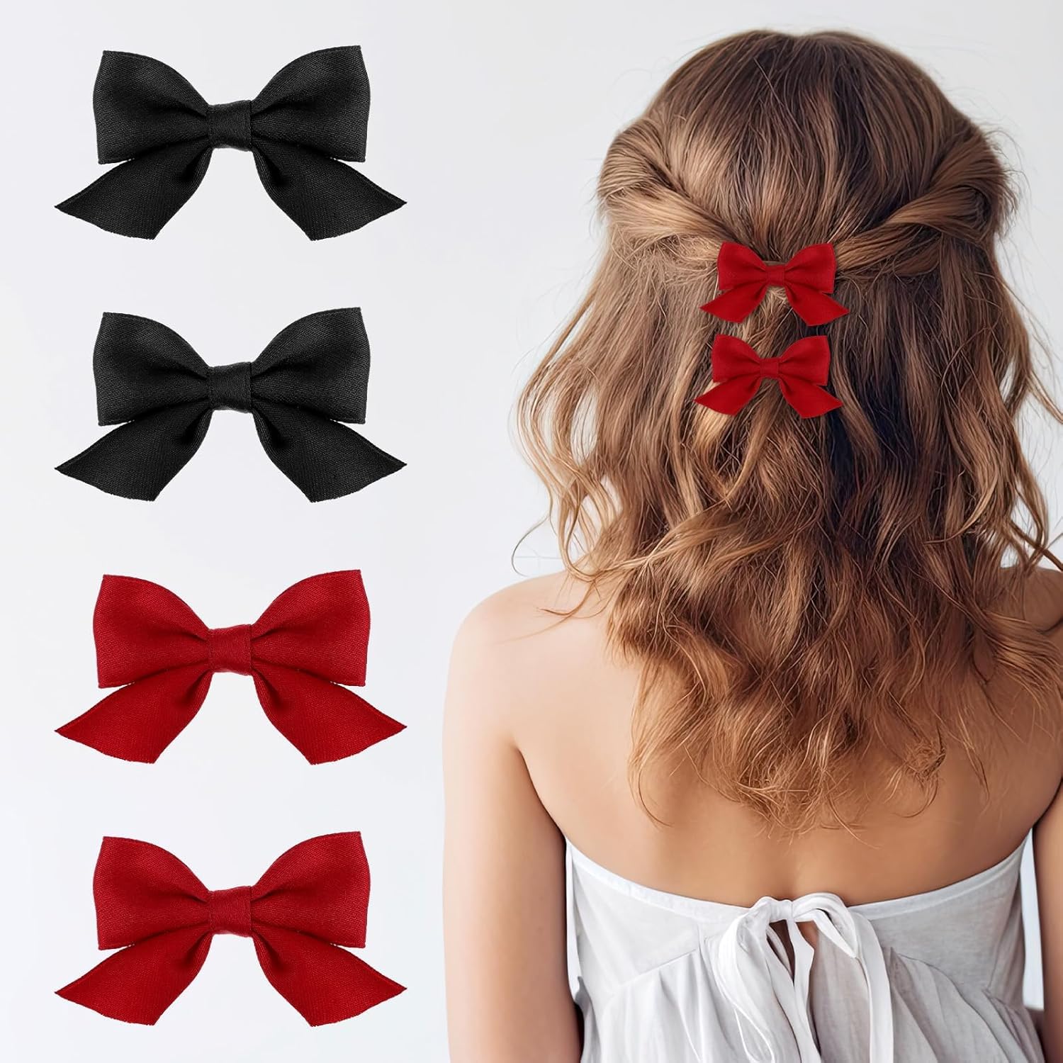 4 Pairs Red Bow Hair Clips for Women Girls Hair Accessories Small Silky Satin Ribbon Bowknot Alligator Barrettes Wine Red Black Bow Clips (pack of 4)-image-14
