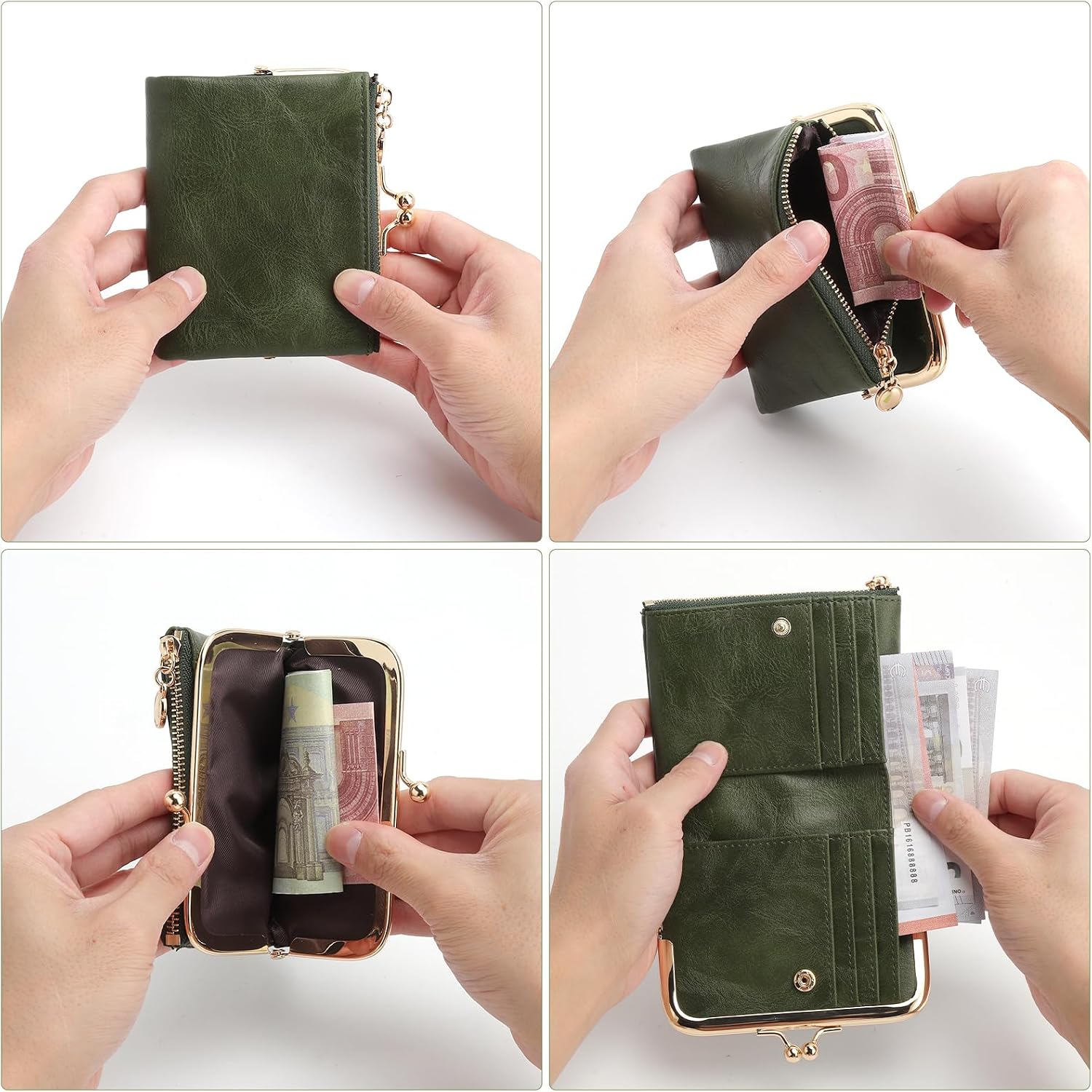 Small Compact Purse for Women, Genuine Leather, with Zip and Kiss Lock, RFID Blocking, Bifold with Multiple Card Slots image 5