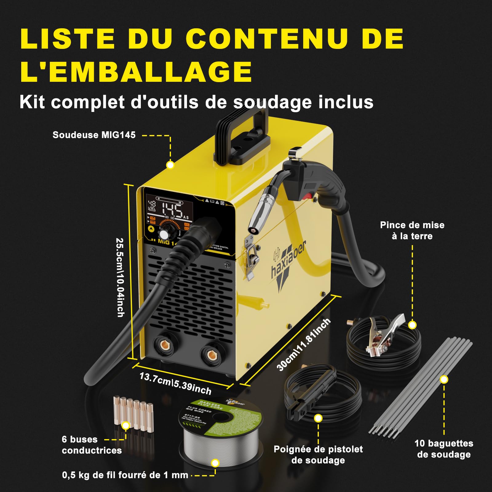 Haxiaoer 145A Poste a Souder Fil Fourré Sans Gaz, 3 en 1 Synergie Poste à Souder MIG (FCAW/MMA, ARC/Lift TIG), IGBT Poste a Souder Inverter avec Fil de 1.0mm, Démarrage à chaud, poussée d'arc, Jaune