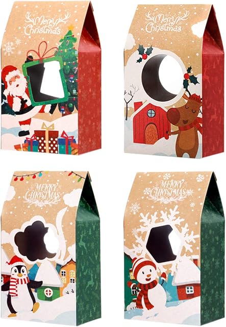 Hemoton 16PCS Christmas Cookie Gift Boxes with Window, Rectangle Brown Kraft Xmas Cookie Boxes Container for Doughnuts, Pastries, Cookies, Small Cakes, Pie, Cupcakes, Brownies, 7.87x4.33x2.75 Inch