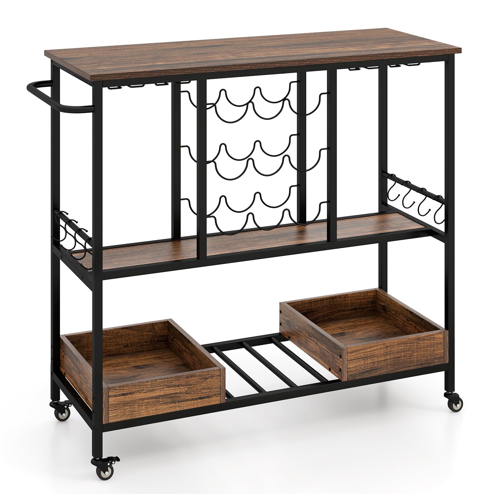 GIANTEX Carro de Servicio Industrial de 3 Niveles, Carrito de Cocina con Portavasos, Soporte para Botellas, 2 Bandejas Inferiores, Ruedas Universales con Cerradura para Comedor (Marrón)