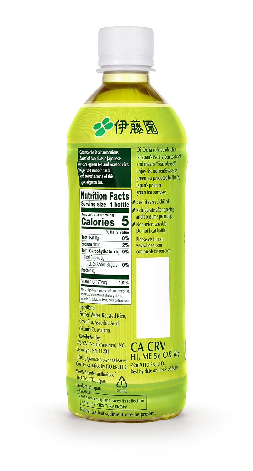 Ito En Oi Ocha Unsweetened Matcha Genmaicha Green Tea, 16.9 Fluid Ounce (Pack of 12), Low Calorie