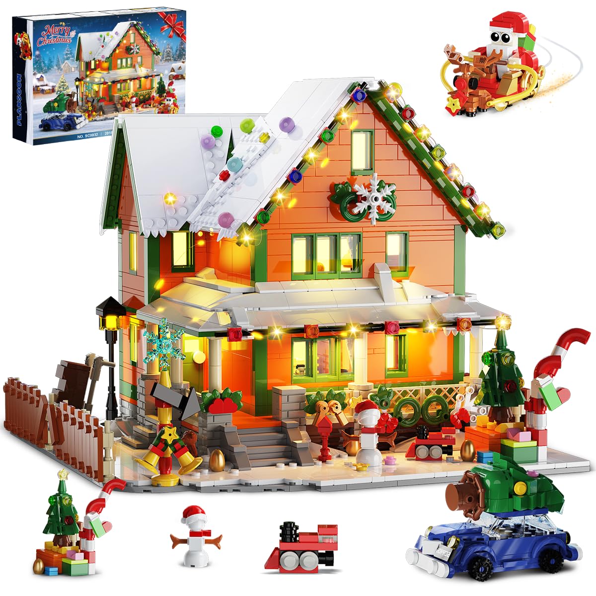 Christmas House Mini Building Set with Light, PLAXSOON 1961 PCS Holiday Snow Village Architecture Model Building Block with Santa Claus Sleigh, Xmas Display Toy Set for Adults Kids Boys Girls Ages 14+