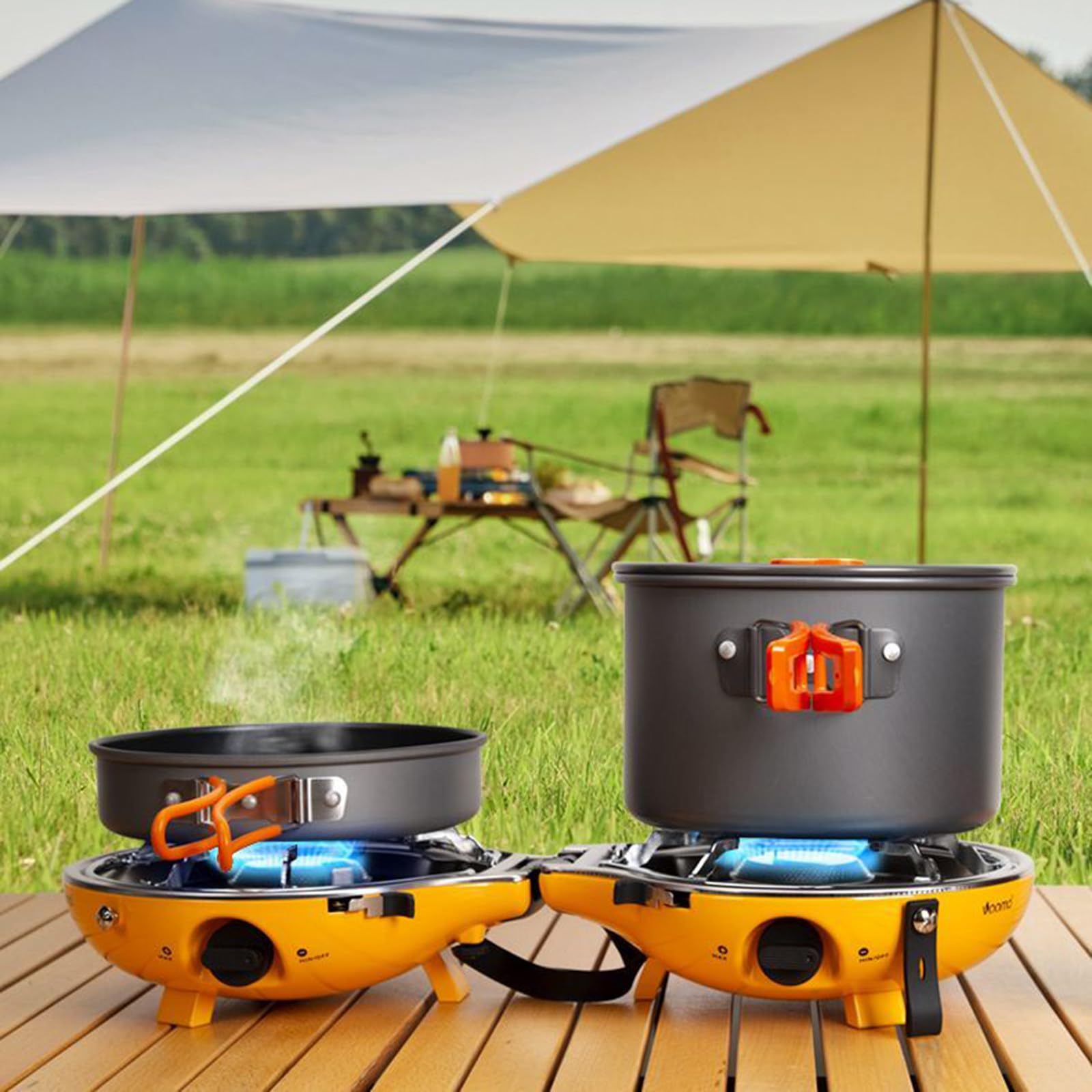 Estufa de camping portátil de gas de 17000 BTU con 2 quemadores ajustables e encendido piezoeléctrico, cocina al aire libre para senderismo, senderismo, picnic, fácil de usar, diseño ligero