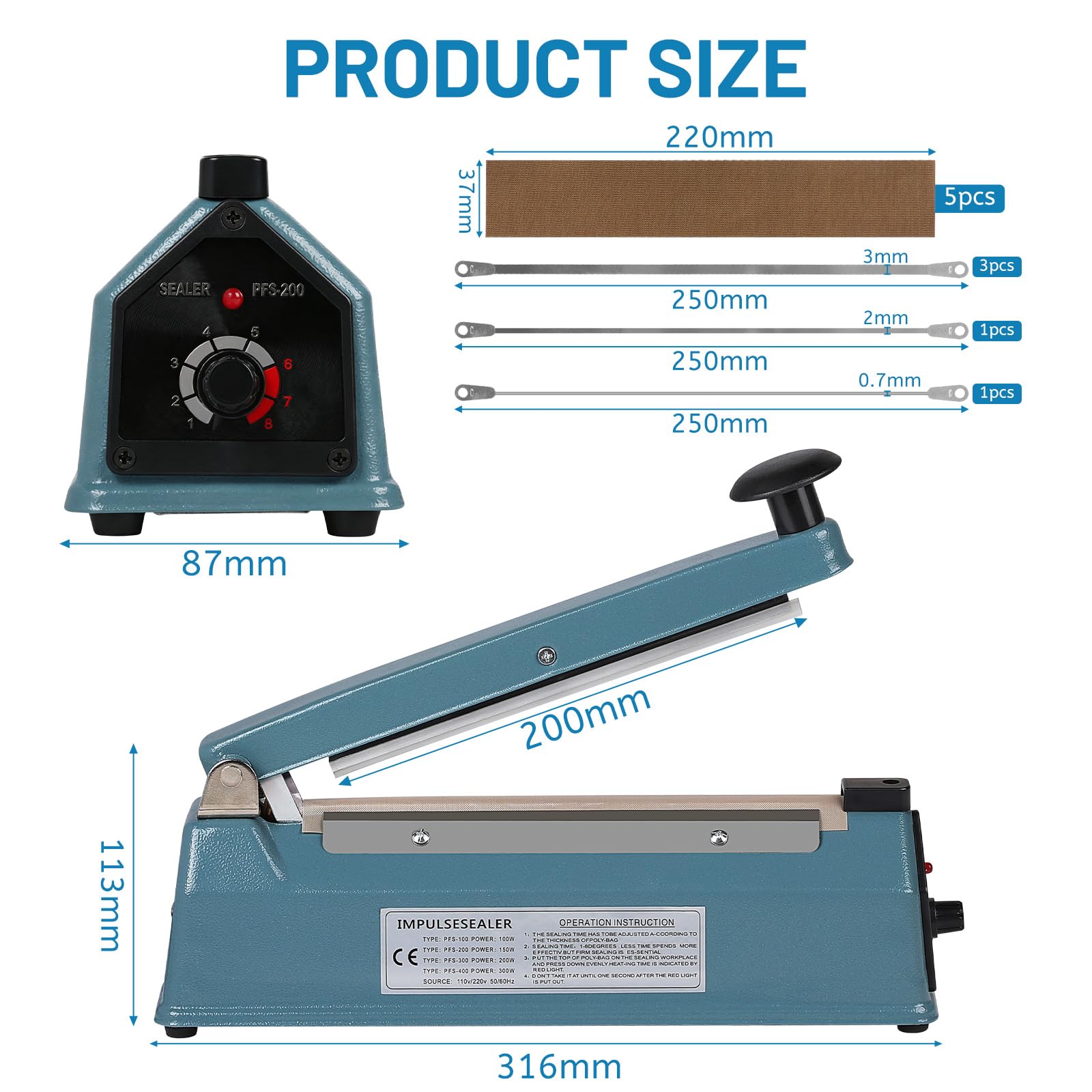LALAGO Termosaldatrice per Plastica Sacchetti 200mm, Blu Sigillatrice Macchina ad Impulsi Guarnizione Larga 5mm, Impulse Heat Sealer per Mylar PP PE Alluminio Bags Macchina Sigillante