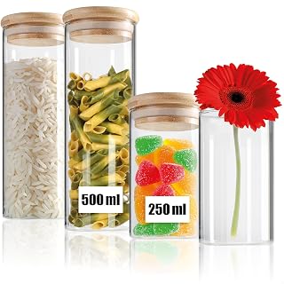 COM-FOUR® 4-Piece Storage Jar Set with Bamboo Lid, Borosilicate Glass | Airtight Storage - 0.25L / 0.5L