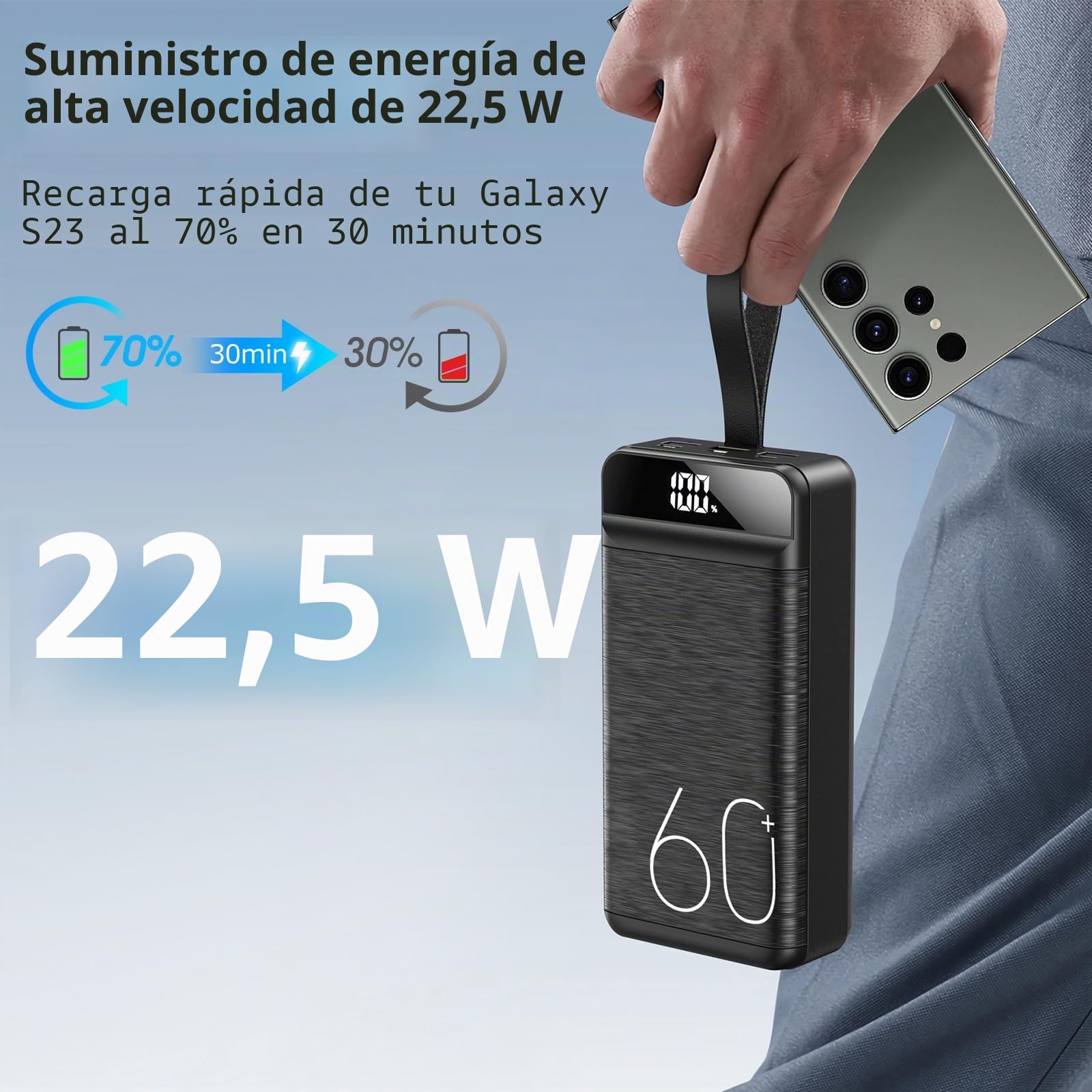 Power Bank 60000 mAh 22,5 W Carga Rápida Cargador USB-C Carga Rápida con 4 salidas y 3 entradas, Pantalla LED Enorme capacidad Batería externa para la mayoría de dispositivos electrónicos