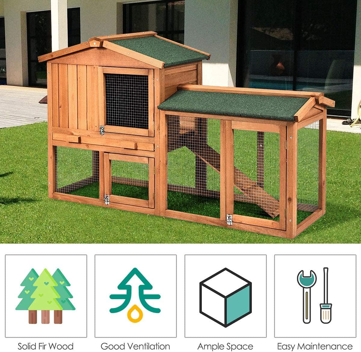 Rabbit Hutch, Indoor Rabbit Cage, Outdoor Bunny Cages with Run &Feeder, Pet House with Deeper No Leak Tray, UV Panel, Removable Bottom Wire Mesh & PVC Layer for Small Animals