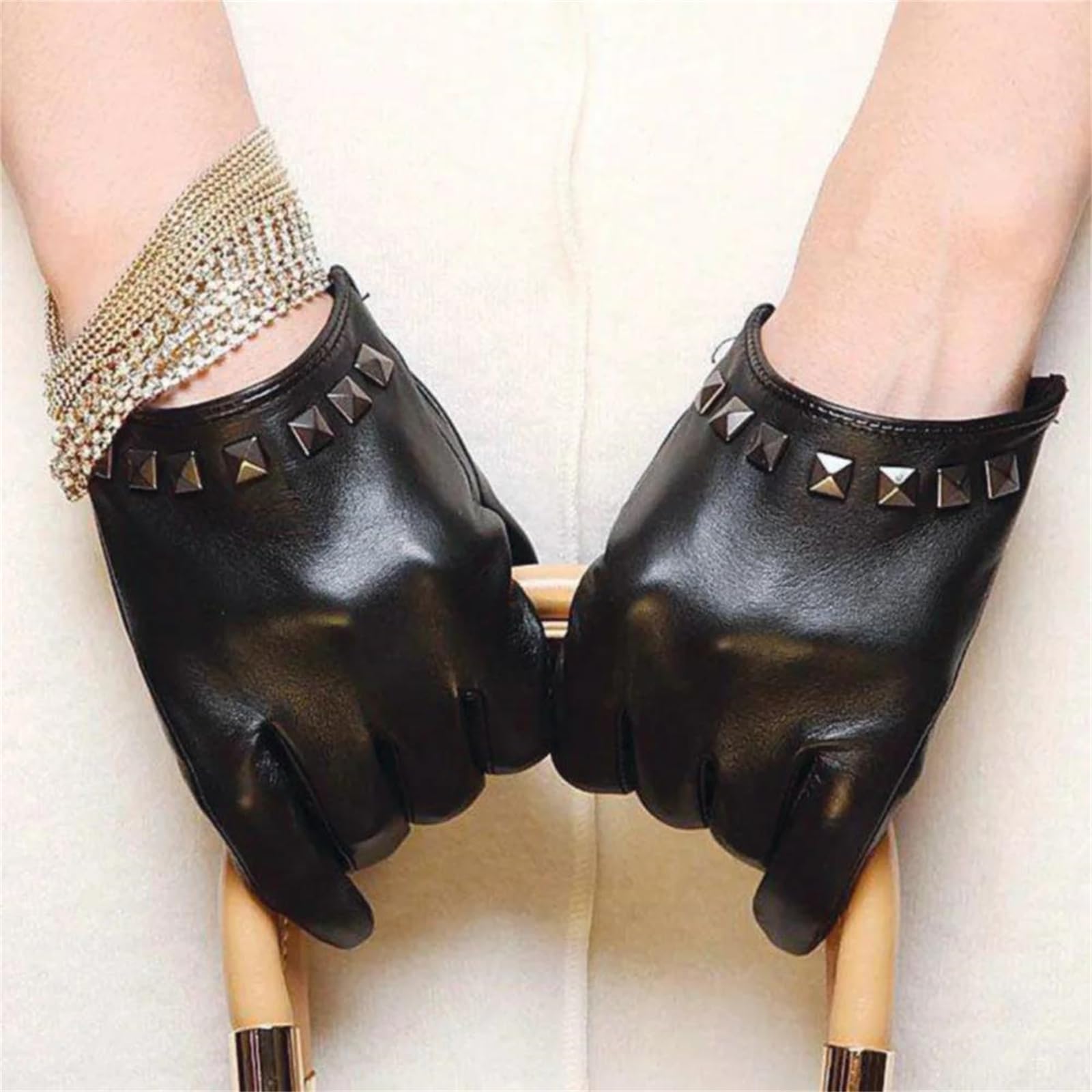 Guantes de piel de cabra auténtica para mujer, punk, remache corto, para montar en motocicleta, conducir, formal