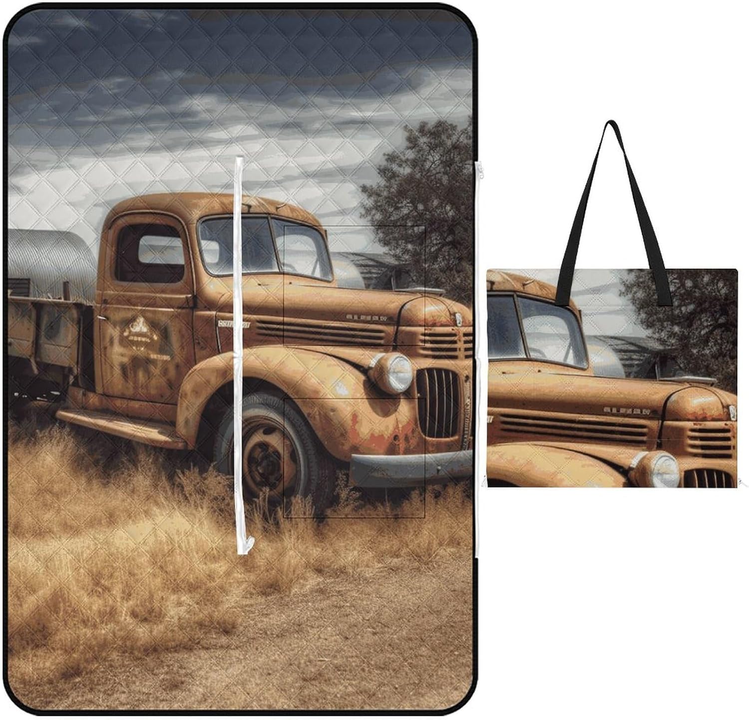 Old Truck Car Picnic Blanket 150x100cm, Foldable 2-in-1 Picnic Mat and Tote Bag Portable Waterproof Beach Mat Sandproof Outdoor Blanket for Park, Hiking, Beach, Camping, Travel