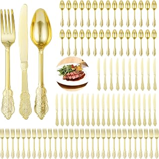 90 Pcs Gold Plastic Silverware Set Disposable Utensils Retro Embossed Design Heavy Duty Plastic Cutlery for Parties Weddings and Events Service