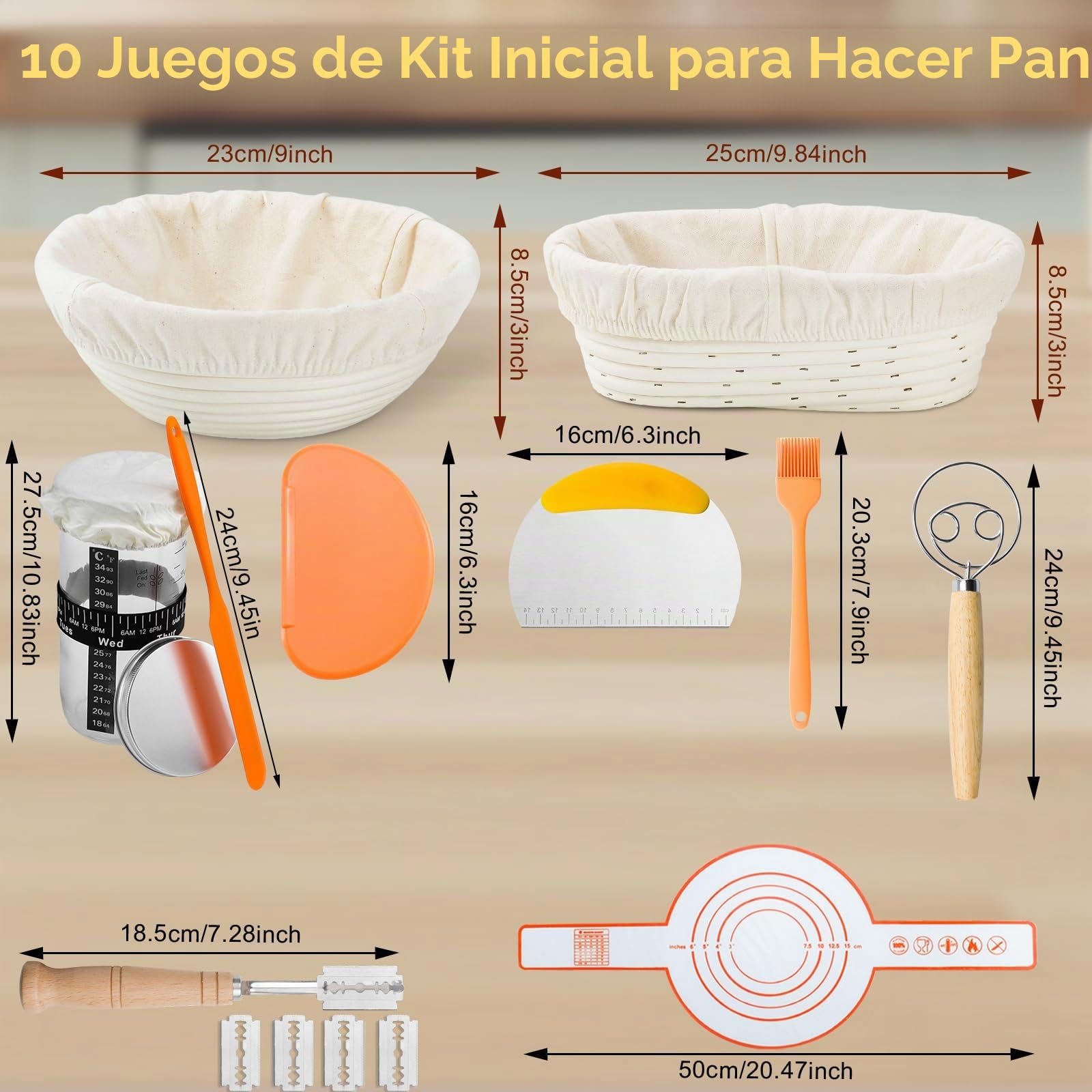 Kit Completo para Masa Madre,Cesta de Pan De Levadura De 2 Pcs Con Forro,Eslinga De Pan De Silicona,Tarro De Levadura,Amasadora,Cepillo De Silicona,Rascador de Cuenco,Juego Rascadores de Masa(A)