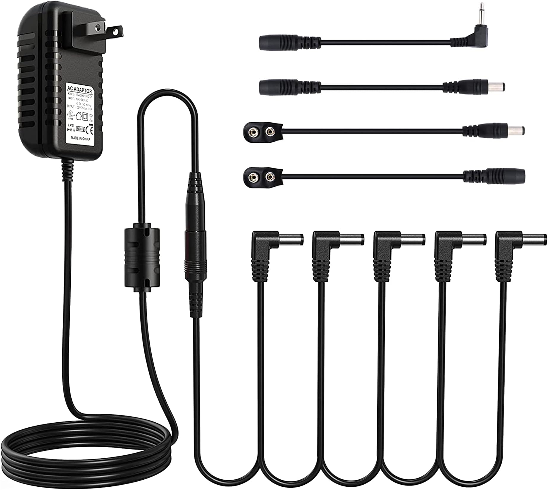 AZOR DC 9V Guitar Pedal Power Supply Adapter with 5 Way Daisy Chain Cables Fit for 9V DC 1A (1000mA) Negative Tip Guitar Effect Pedal