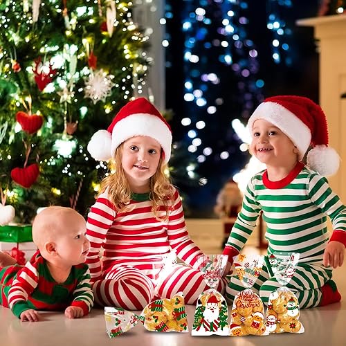 Miniatura 7 de YUJUN 160 bolsas de celofán de Navidad, bolsas de celofán de Papá Noel, bolsas transparentes para violonchelo, lazos para invierno, Navidad,
