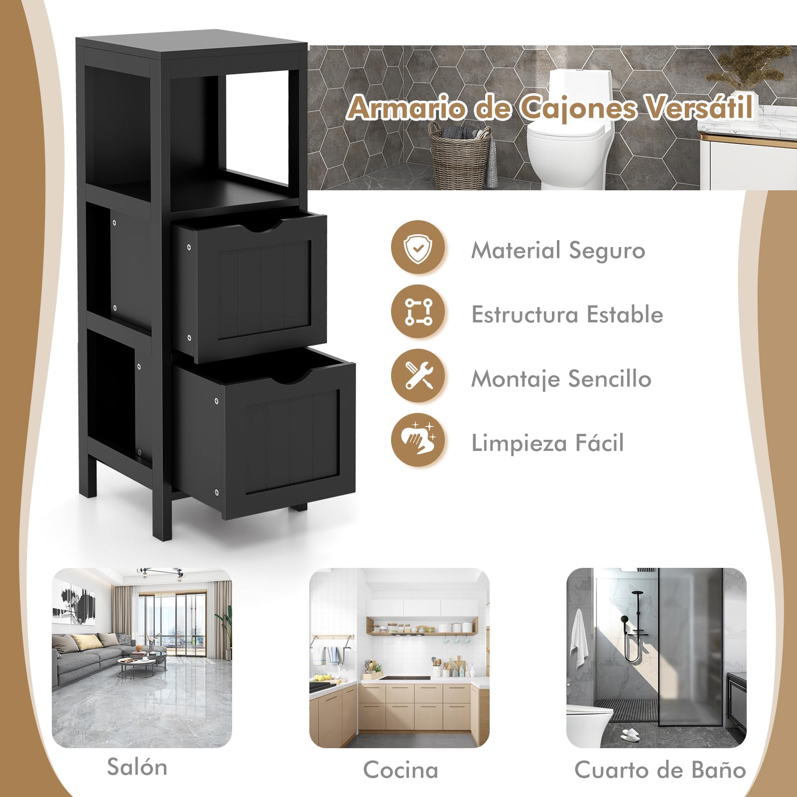 COSTWAY Muebles Baño, Cajonera Baño con 1 Estante y 2 Cajones Extraíbles, Armario Baño Estrecho Lateral, 30 x 30x 90cm, Sala Cocina Comedor (Negro)