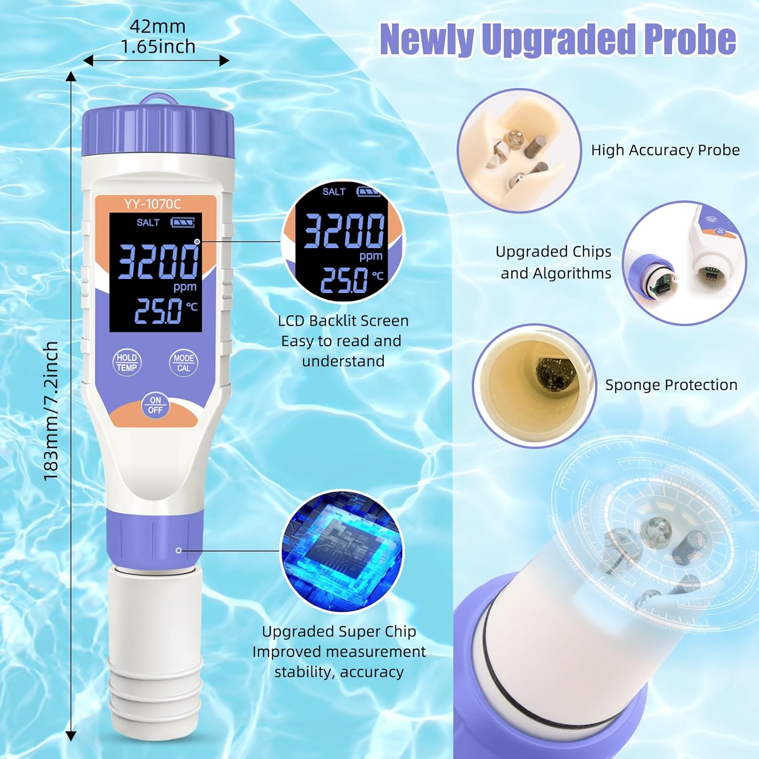 7-in-1 Digital Pool Water Tester – Chlorine, pH, Salt, ORP, EC, TDS & Temp Meter for Saltwater Pools, Hot Tubs, Spas, Aquariums & Hydroponics | Accurate Digital Chlorine Level Tester for Pool Safety