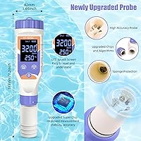 Vista 5 de Probador digital 7 en 1 de agua para piscinas: cloro, pH, sal, ORP, EC, TDS y medidor de temperatura para piscinas de agua salada, jacuzzis, spas
