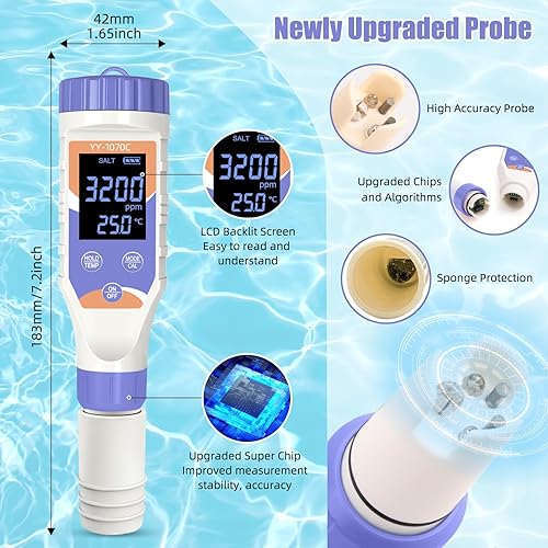 Miniatura 5 de Probador digital 7 en 1 de agua para piscinas cloro, pH, sal, ORP, EC, TDS y medidor de temperatura para piscinas de agua salada, jacuzzis, spas,
