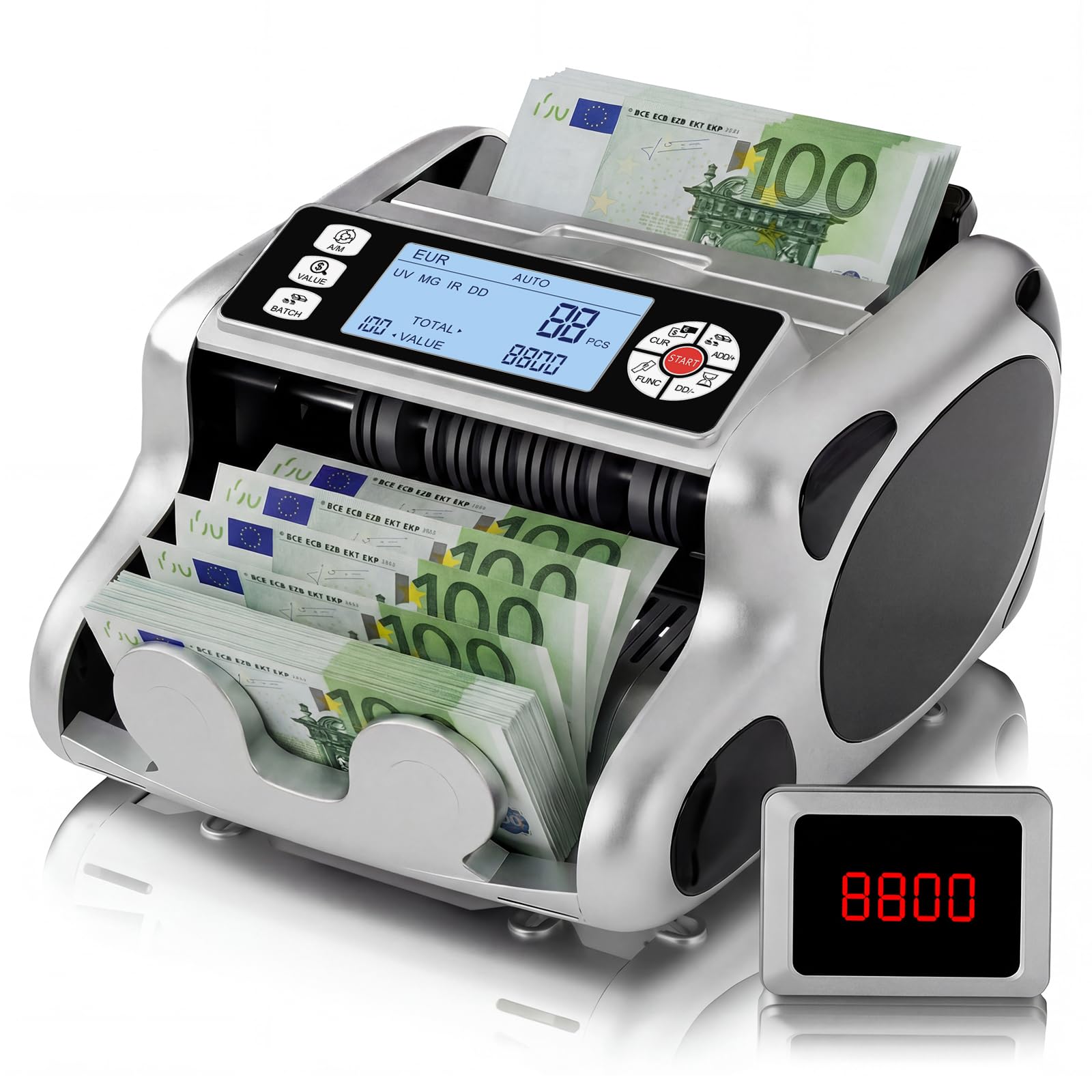 Aneken K08 Geldzählmaschine mit 6-fach Falschgelderkennung, Addieren/Batch | UV/MG/IR/DD/VI/FA Falschgelderkennung, 1200 Scheine/Min, 3,8" LCD & Value Display, für EUR/USD
