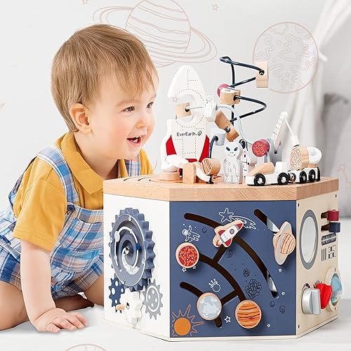 Cubo de actividades de madera con laberinto de cuentas, cubo de actividades espaciales para niños de 1 a 3 años, multijuego, aprendizaje educativo,