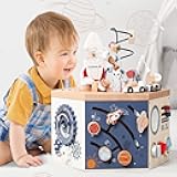Wooden Activity Cube with Bead Maze, Space Activity Cube for Toddlers 1-3 Girls Boys Multi Play Educational Learning Montessori Cube Toddler Toy Wood Shape Color Sorter - FSC Certified
