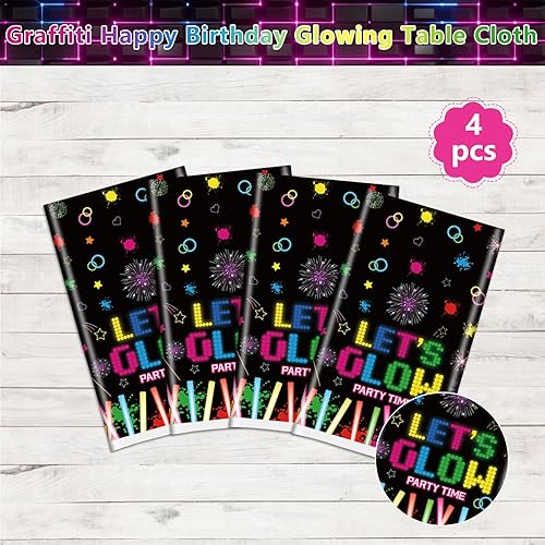 Miniatura 7 de Paquete de 4 manteles de neón para fiestas, desechables, de plástico PE, manteles de luz negra, decoraciones de fiesta de luz negra, decoración de